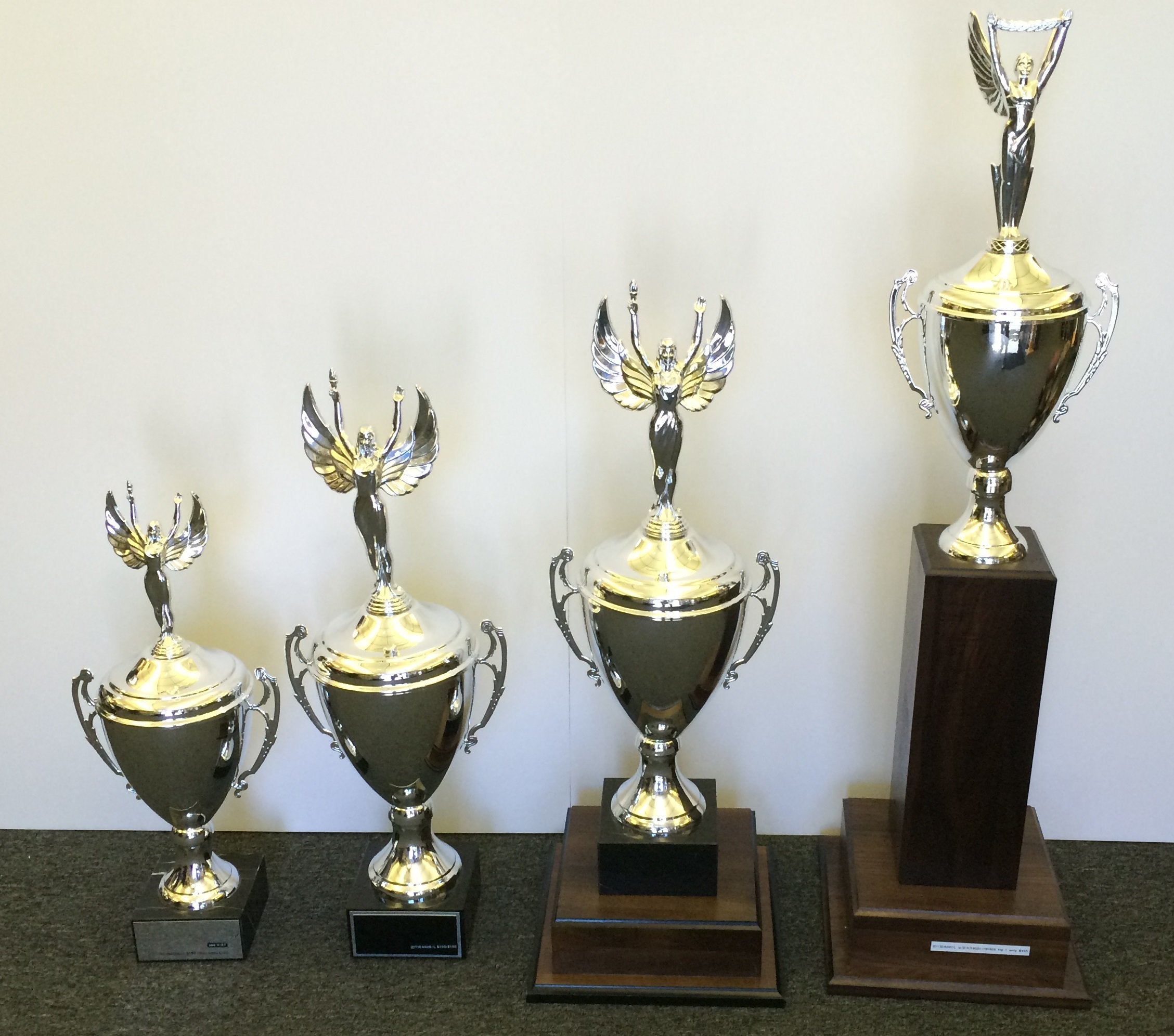 Trophy Cups Piano Finish Black Wood Base with Personalized Gold Plate